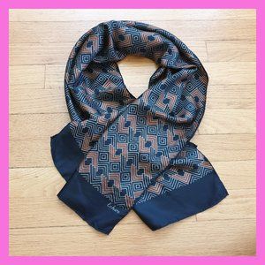 Echo NY Silk Scarf Long Black with Brown Geometric Squares Long 15" x 45"